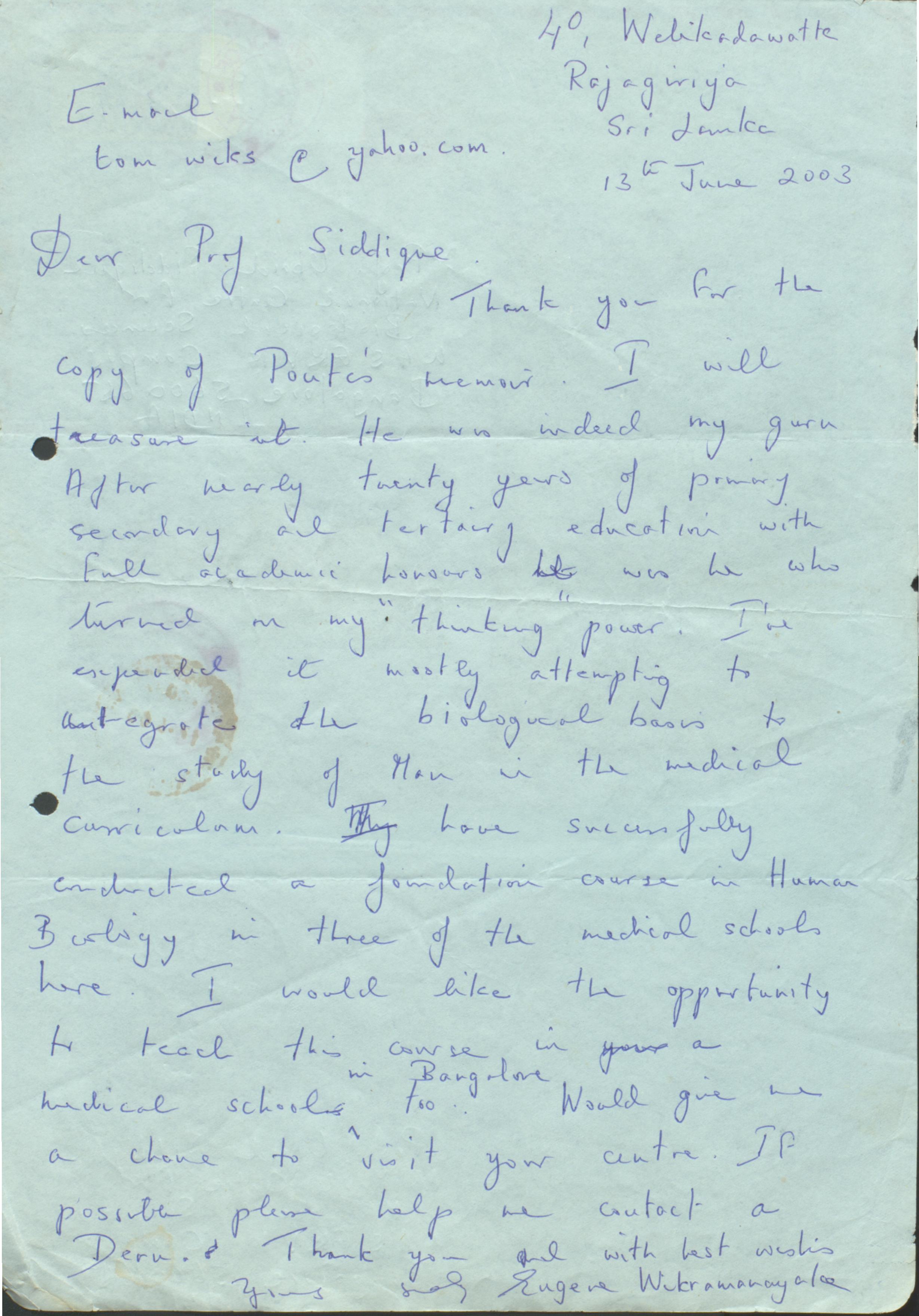 Handwritten Letter From Eugene Wikramanayake To Siddiqi About Pontecorvo S Memoir And Possible Course In Bangalore Archives At Ncbs